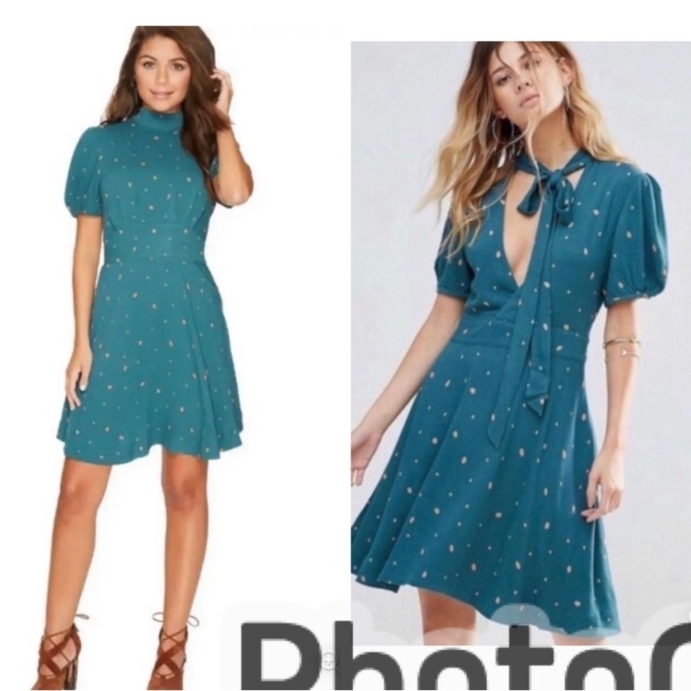 Free People Green Abbie Printed Mock Short Sleeve Reversible Mini Dress Size 6